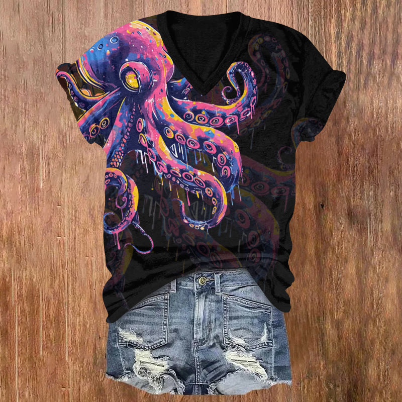 Creative Splashed Ink Painting Octopus Print Short Sleeved V-neck T-shirt - Black - US32-34(5XL) - image 1