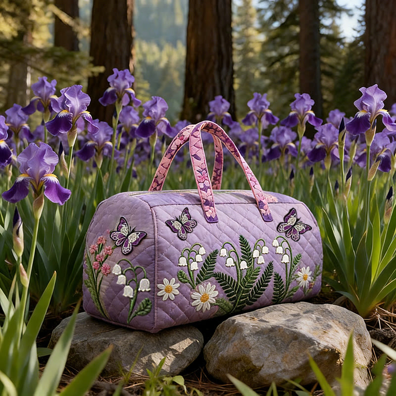 Purple Flowers And Butterflies Print Quilted Duffle Bag - Purple - one size - image 1