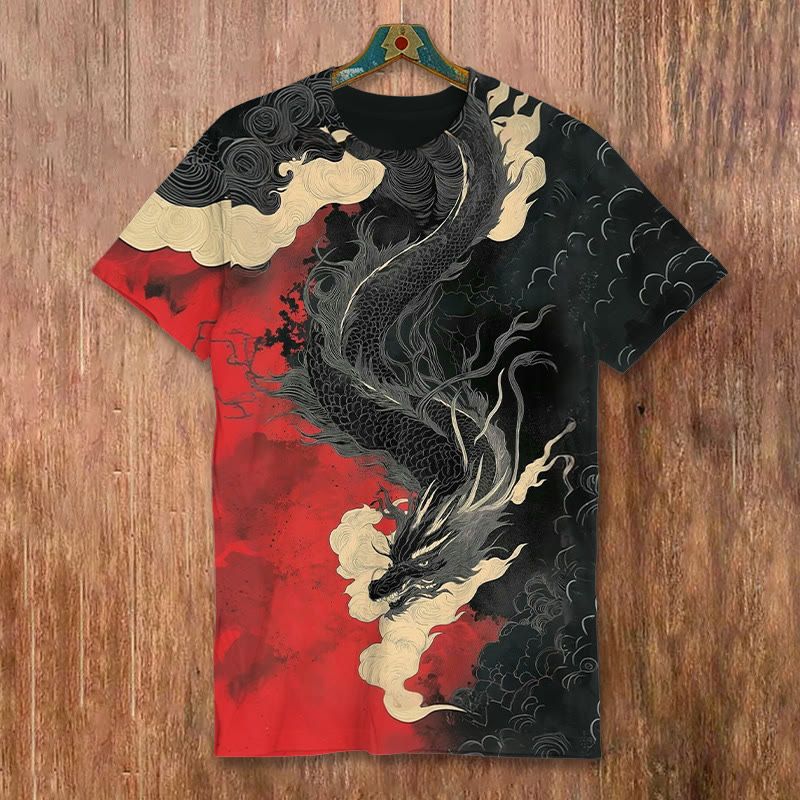 Japanese Bushido Ink Dragon Art Pattern Print Short-sleeved T-shirt - Red - 8XL - image 2