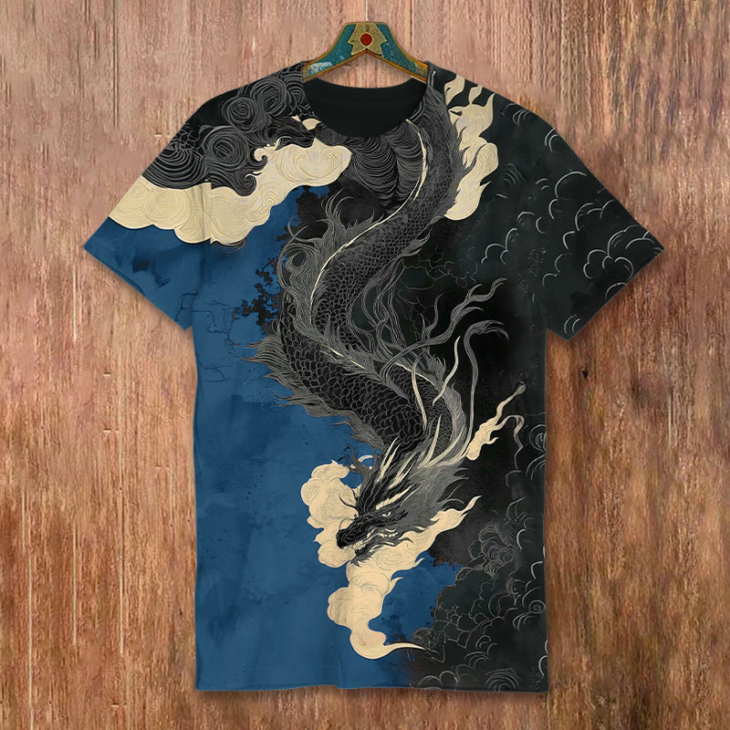 Japanese Bushido Ink Dragon Art Pattern Print Short-sleeved T-shirt - Blue - 8XL - image 1