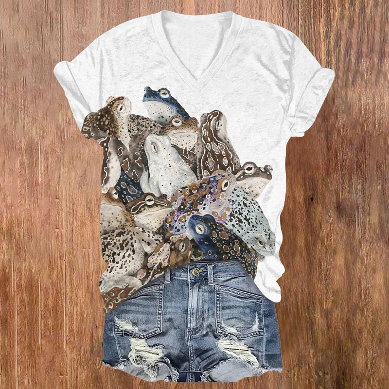 Funny Wet Frog Pile Pattern Print Short Sleeved V-neck T-shirt - White - US32-34(5XL) - image 2