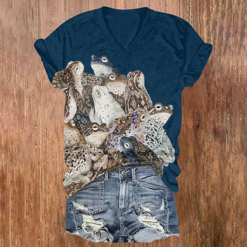 Funny Wet Frog Pile Pattern Print Short Sleeved V-neck T-shirt - Blue - US32-34(5XL) - image 1
