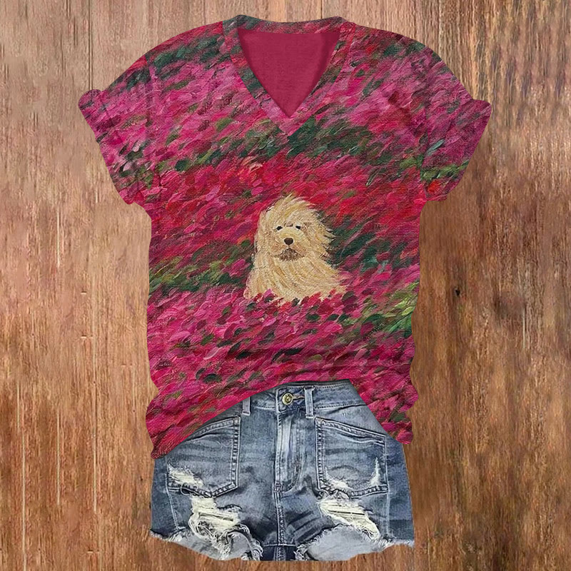 Breeze Flower Field Puppy Pattern Print Short Sleeved V-neck T-shirt - Rose - US32-34(5XL) - image 1