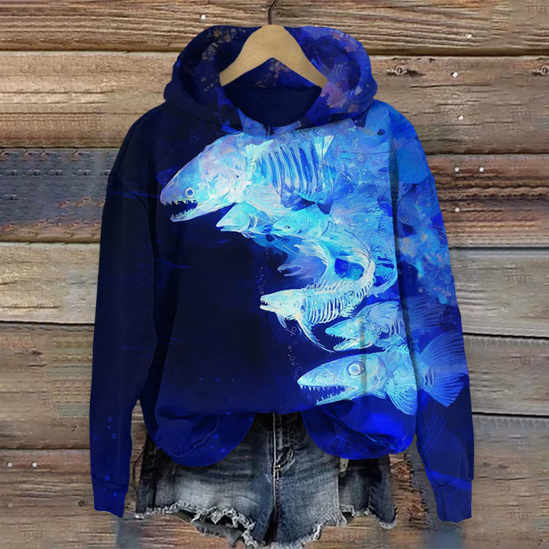Unisex Ocean Dream Fluorescent Fishbone Pattern Print Long Sleeved Hoodie - Blue - US44-46(8XL) - image 1