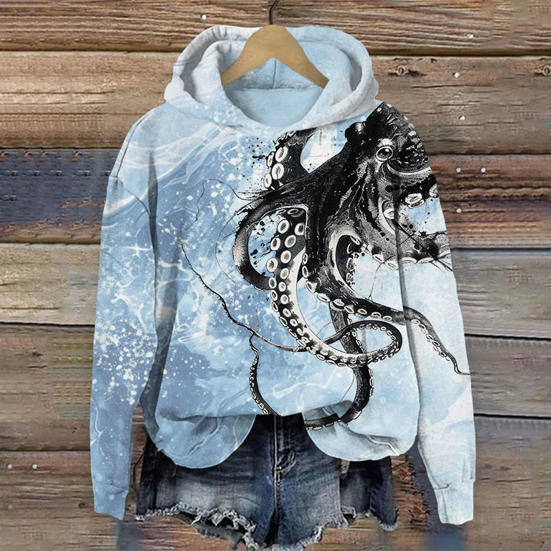 Unisex Ocean Foam Octopus Pattern Print Long Sleeved Hoodie - Light Blue - US44-46(8XL) - image 1