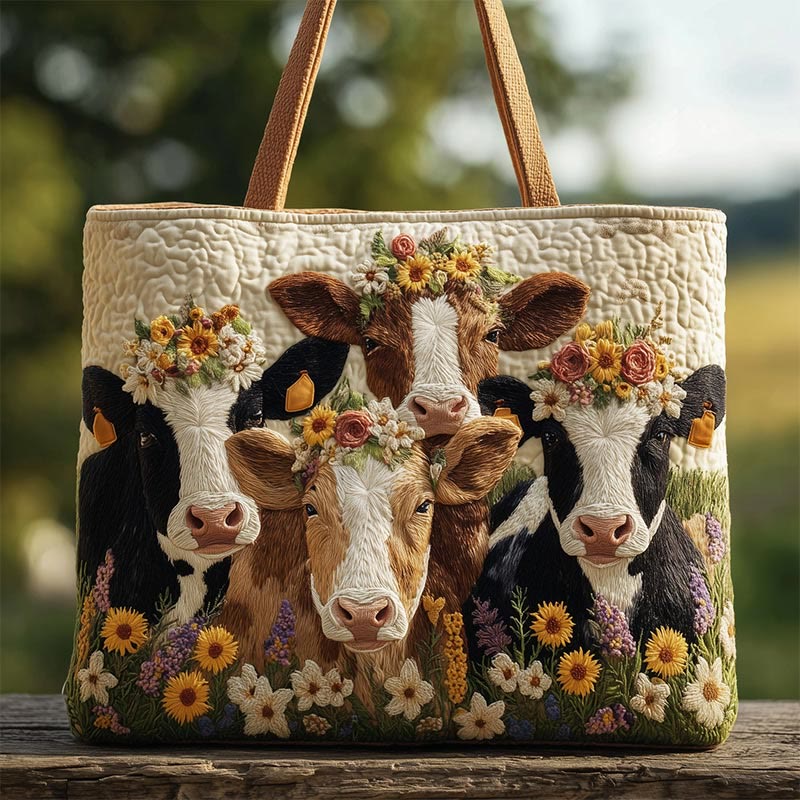 Highland Cattle Flowers Quilted Tote Bag - Apricot - one size - image 1