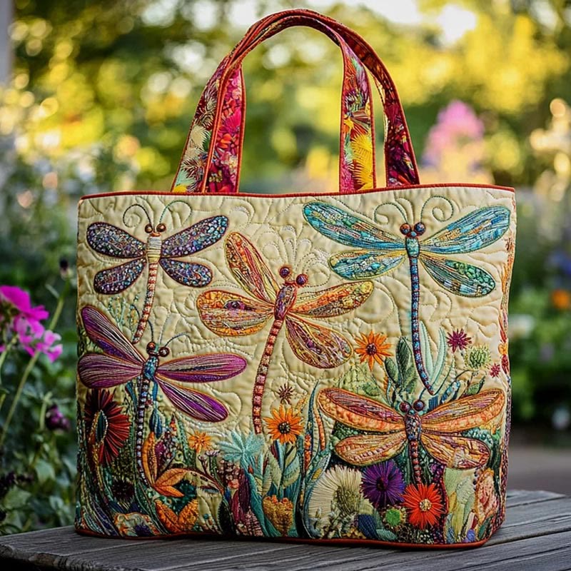 Retro Floral Dragonfly Quilted Tote Bag - Multicolor - one size - image 1