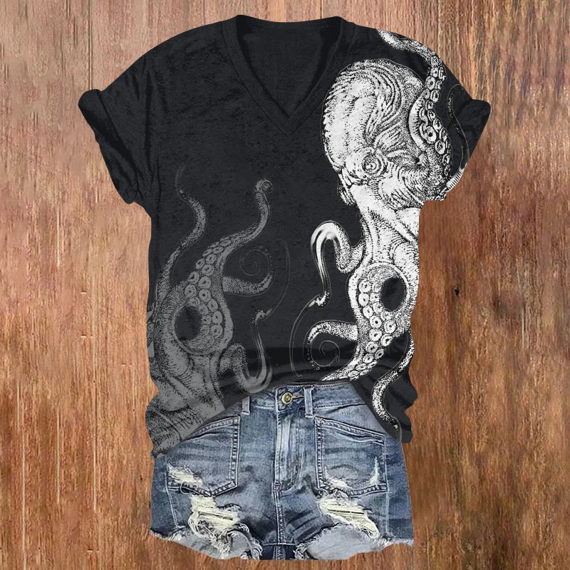 Sketch Ocean Octopus Pattern Print Short Sleeved V-neck T-shirt - Black - US32-34(5XL) - image 1