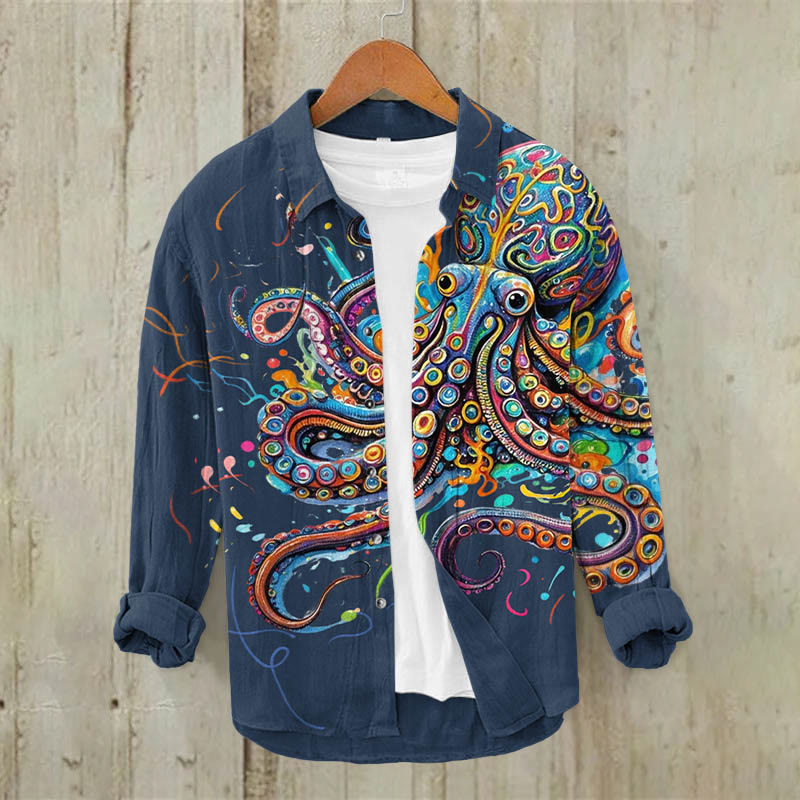 Vintage Rainbow Octopus Print Casual Long Sleeve Lapel Shirt - Navy Blue - 5XL - image 5