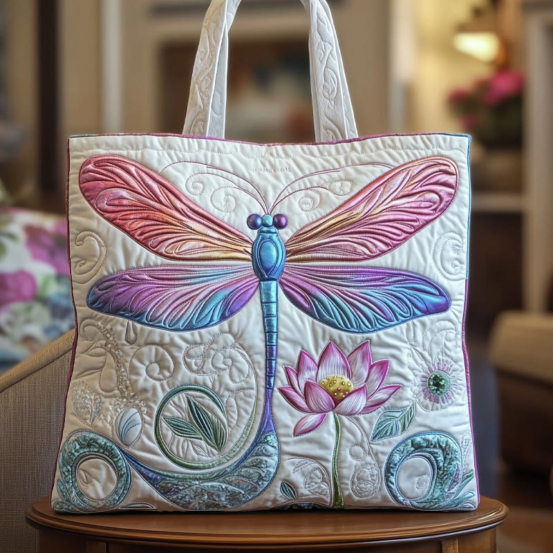 Zen Lotus Dragonfly Pattern Quilted Tote Bag - Multicolor - one size - image 1