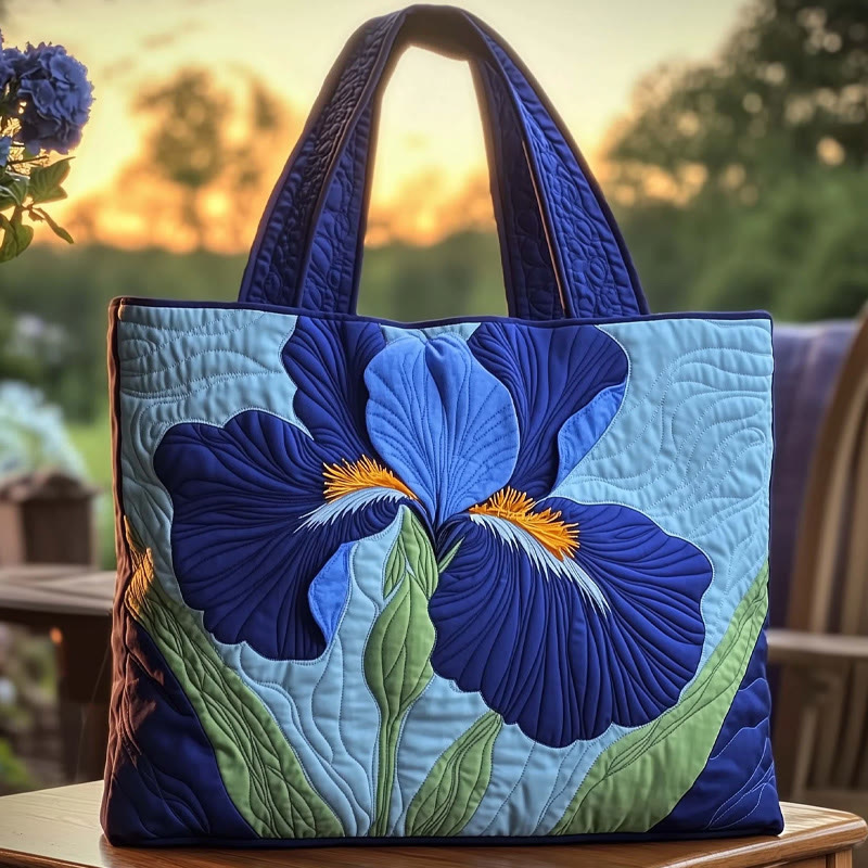Elegant Iris Pattern Quilted Tote Bag - Blue - one size - image 1