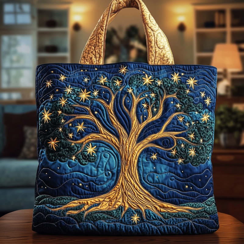 Hippie Starry Sky Tree Of Life Pattern Quilted Tote Bag - Blue - one size - image 1