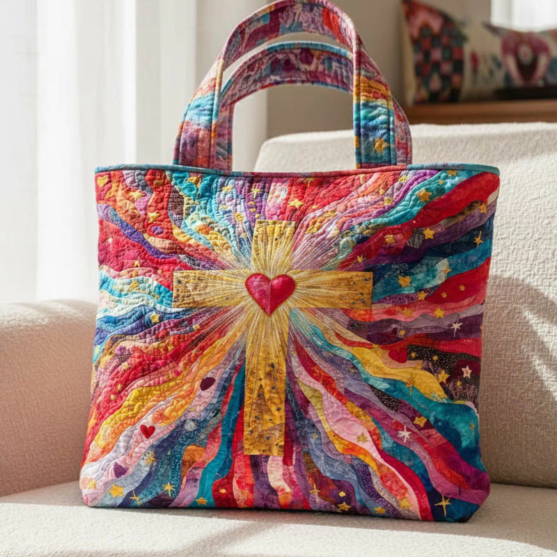 Faith Colorful Heart Cross Pattern Quilted Tote Bag - Multicolor - one size - image 1