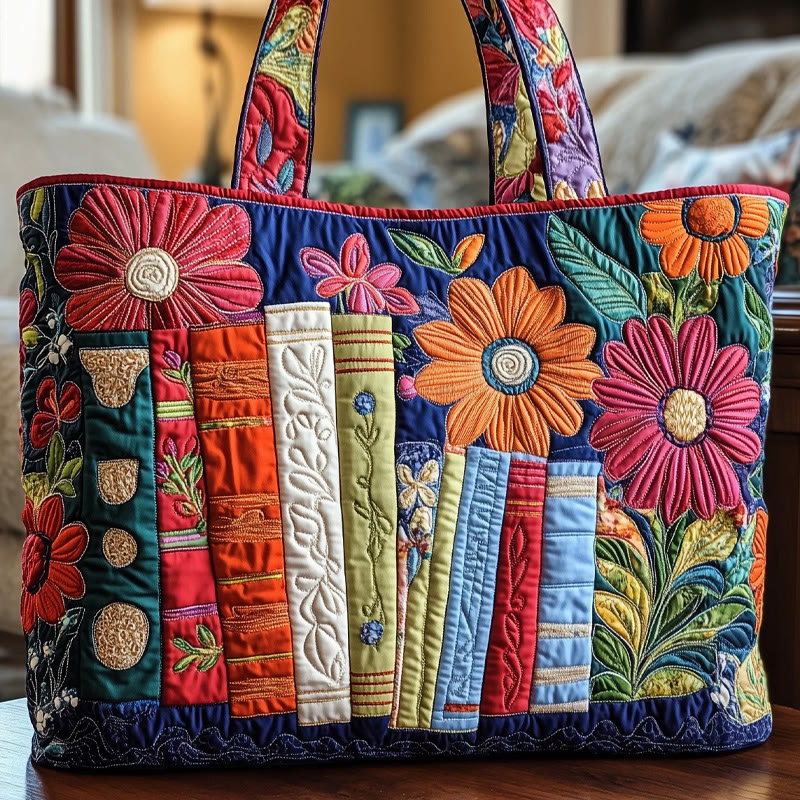 Reading Enthusiasts Flowers Pattern Quilted Tote Bag - Multicolor - one size - image 1