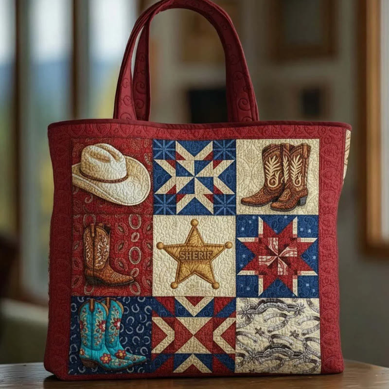 Hippie Western Cowboy Pattern Print Quilted Tote Bag - Multicolor - one size - image 1