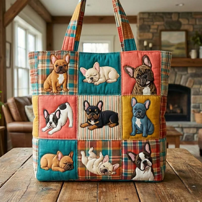 Puppy Selfie Nine-grid Pattern Print Quilted Tote Bag - Multicolor - one size - image 1