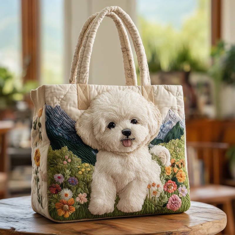 Wildflowers And Puppy Pattern Print Quilted Tote Bag - Multicolor - one size - image 1