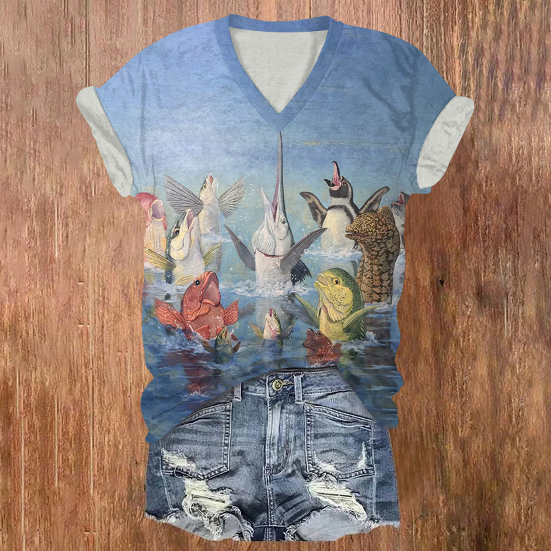 Funny Marine Life Pattern Print Short Sleeved V-neck T-shirt - Multicolor - US32-34(5XL) - image 1
