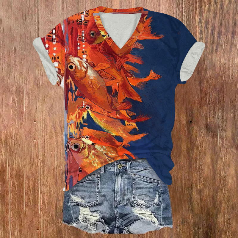 Japanese Goldfish Pattern Print Short Sleeved V-Neck T-Shirt - Blue - US32-34(5XL) - image 1