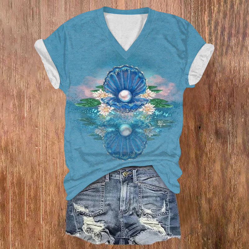 Ocean Romance Shell Pearl Pattern Print Short Sleeved V-neck T-shirt - Light Blue - US32-34(5XL) - image 1