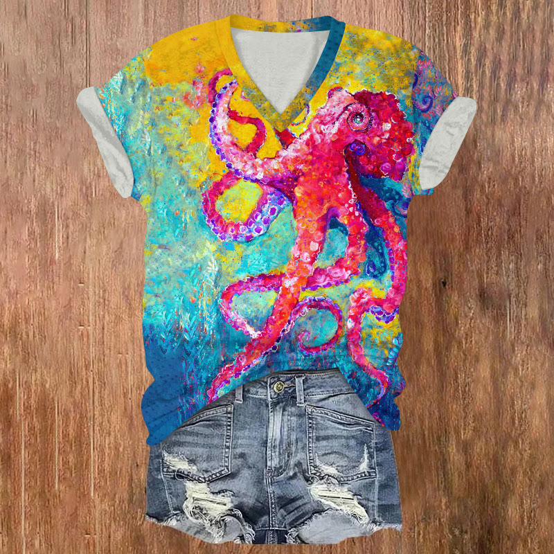 Ocean Art Colorful Octopus Pattern Print Short Sleeved V-neck T-shirt - Multicolor - US32-34(5XL) - image 1