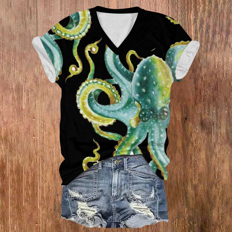 Ocean Art Watercolor Octopus Pattern Print Short Sleeved V-neck T-shirt - Black - US32-34(5XL) - image 2