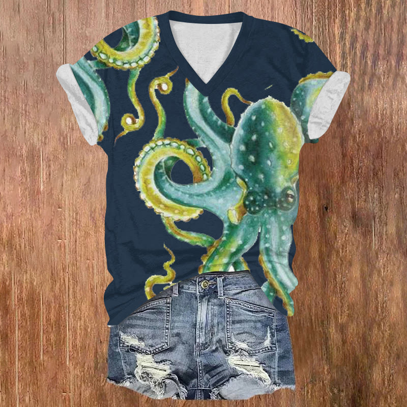 Ocean Art Watercolor Octopus Pattern Print Short Sleeved V-neck T-shirt - Blue - US32-34(5XL) - image 1