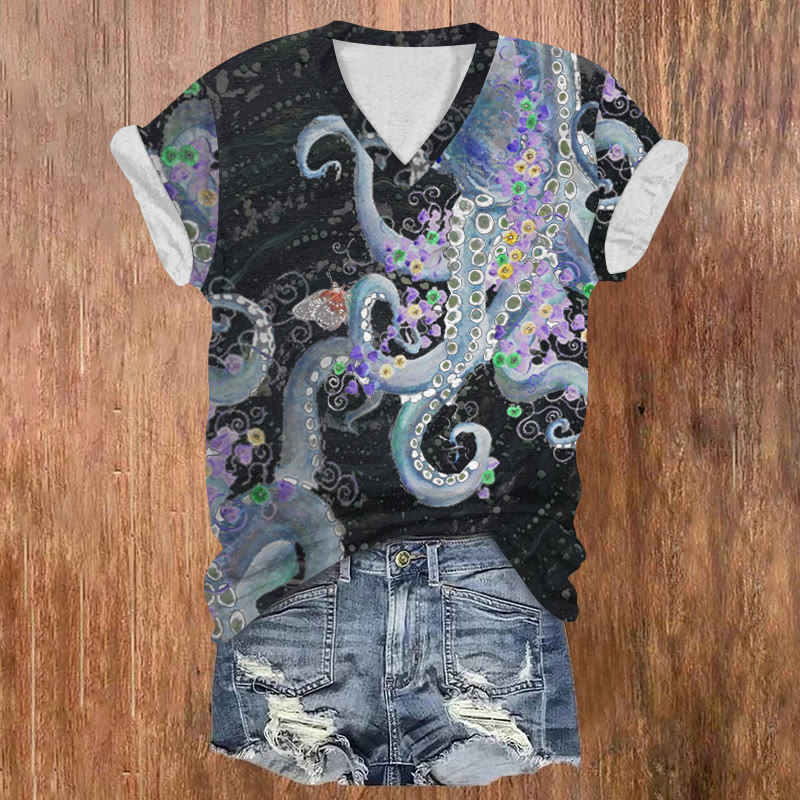Ocean Hippie Floral Octopus Pattern Print Short Sleeved V-neck T-shirt - Black - US32-34(5XL) - image 2