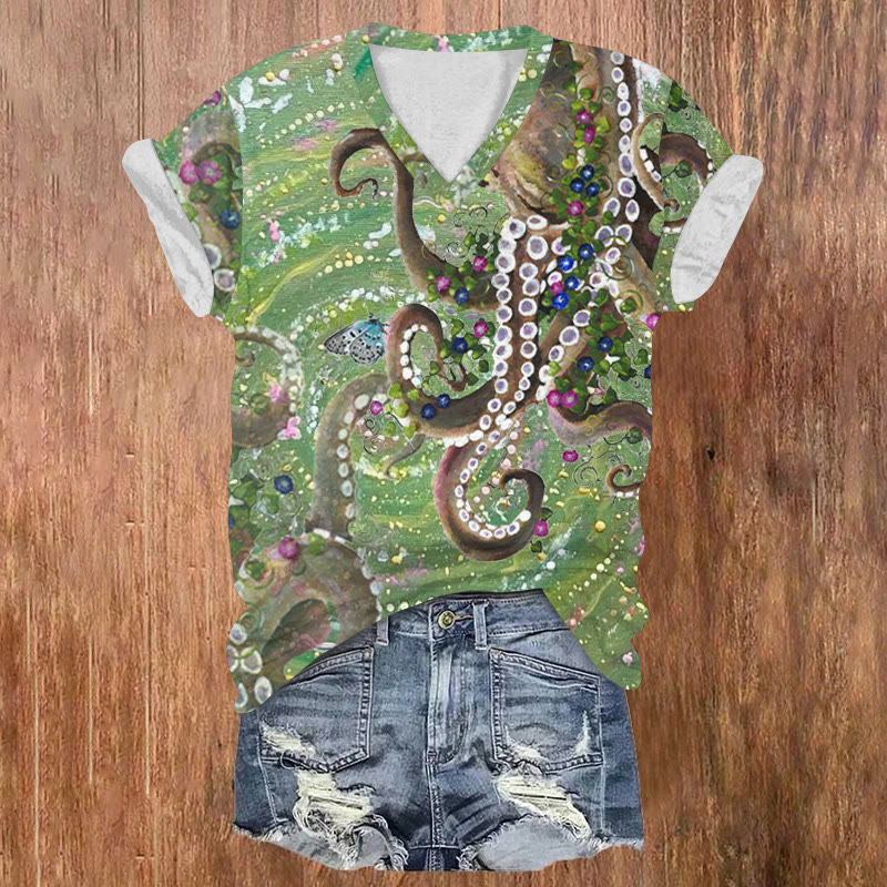 Ocean Hippie Floral Octopus Pattern Print Short Sleeved V-neck T-shirt - Green - US32-34(5XL) - image 1