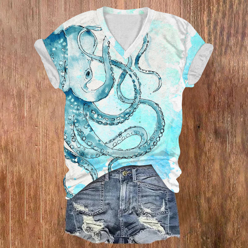 Ocean Minimalist Watercolor Octopus Pattern Print Short Sleeved V-neck T-shirt - Light Blue - US32-34(5XL) - image 1