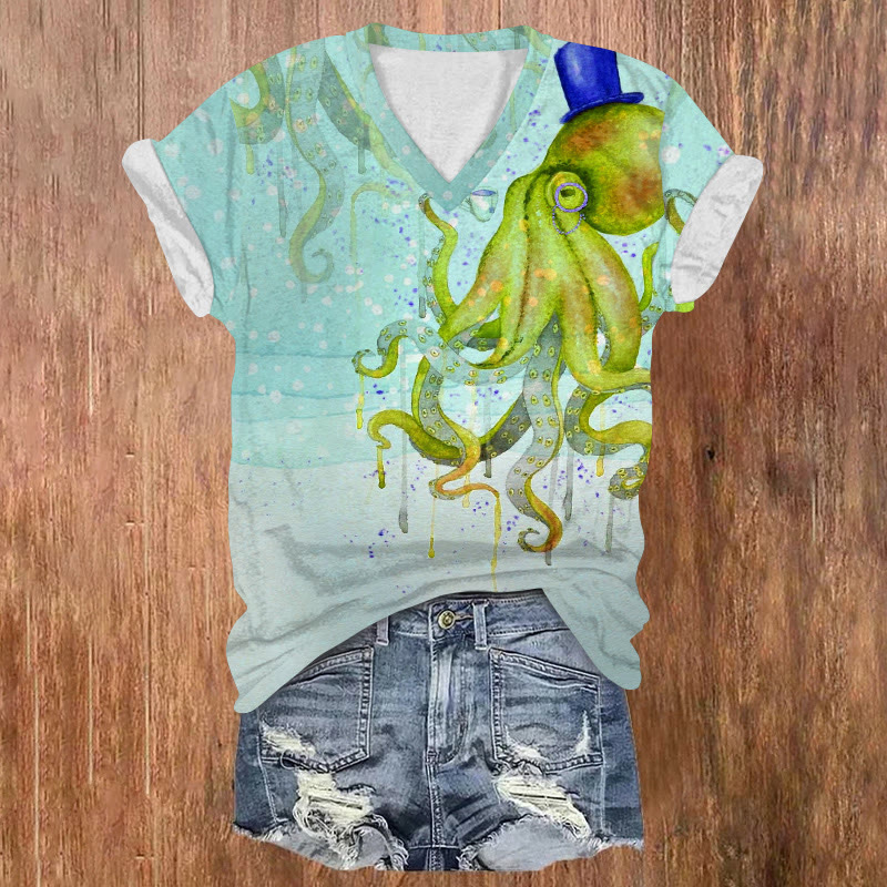 Ocean Gradient Gentleman Octopus Pattern Print Short Sleeved V-neck T-shirt - Light Green - US32-34(5XL) - image 2