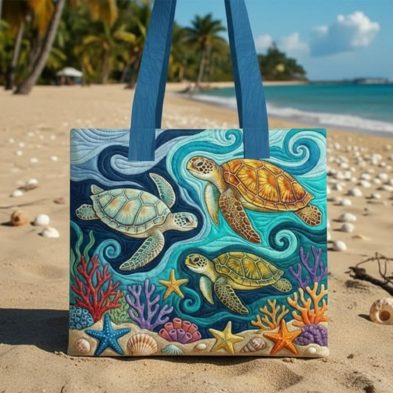 Turtle Coral Pattern Print Quilted Tote Bag - Multicolor - one size - image 1