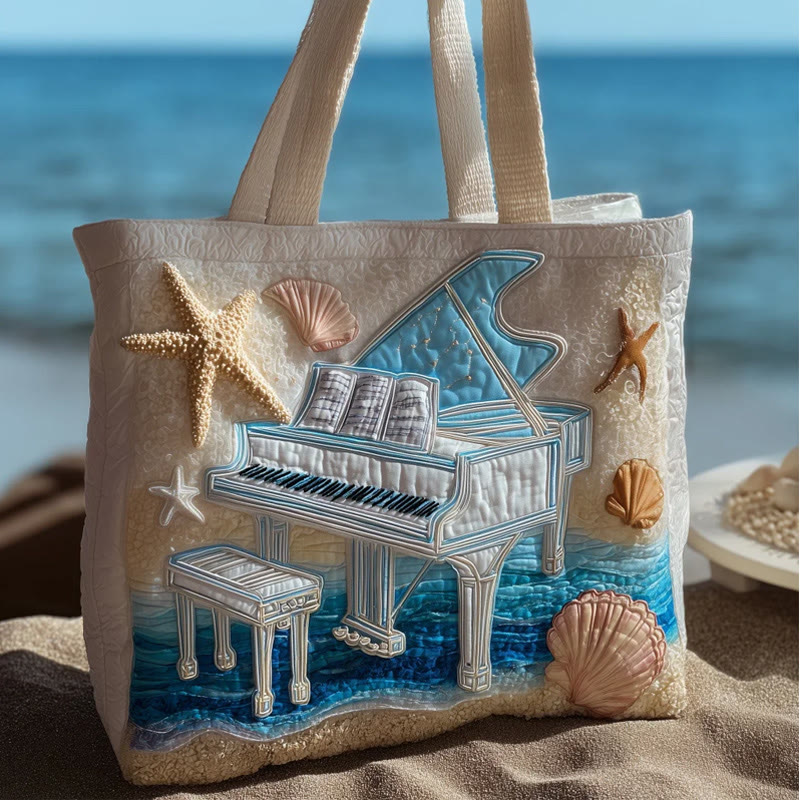 Ocean Shell Pianist Pattern Print Quilted Tote Bag - Multicolor - one size - image 1