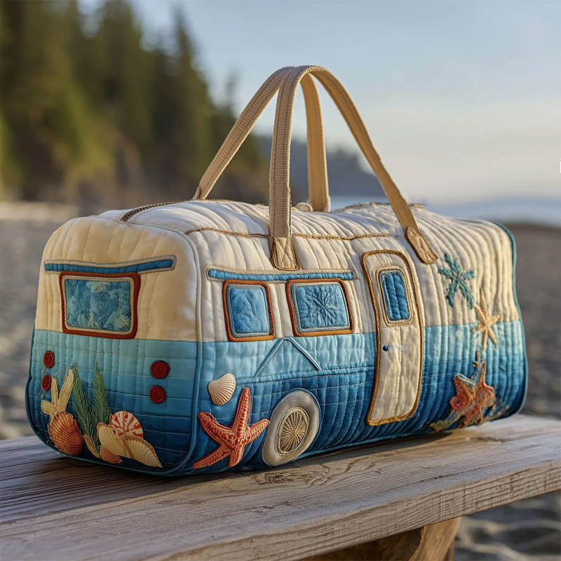 Beach Holiday Tour Bus Pattern Print Quilted Duffle Bag - Blue - one size - image 1
