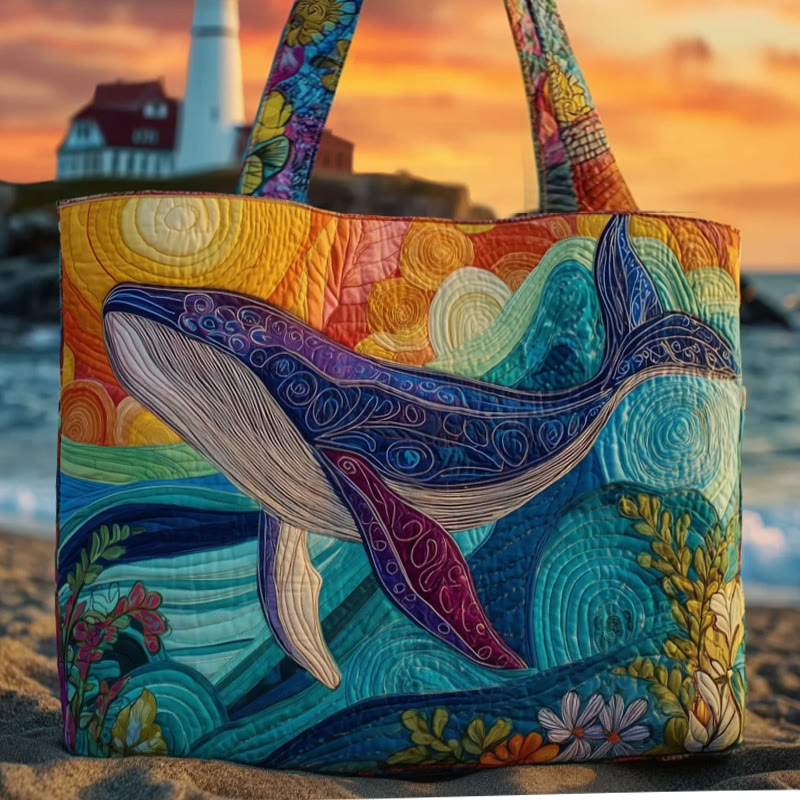 Whale Waves And Sunset Pattern Quilted Tote Bag - Multicolor - one size - image 1