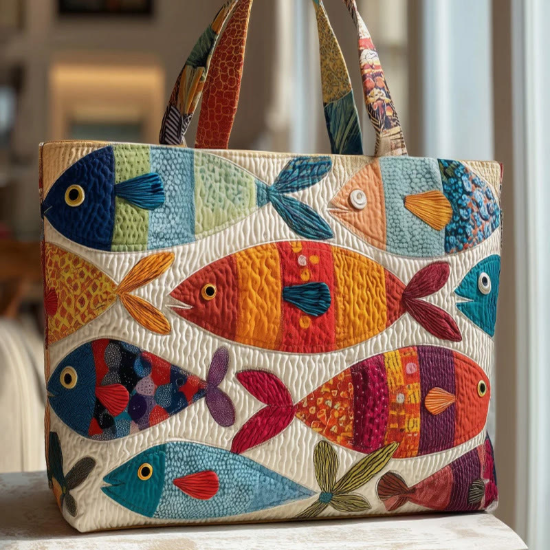 Hippie Colorful Minimalist Fish Pattern Print Quilted Tote Bag - Multicolor - one size - image 1
