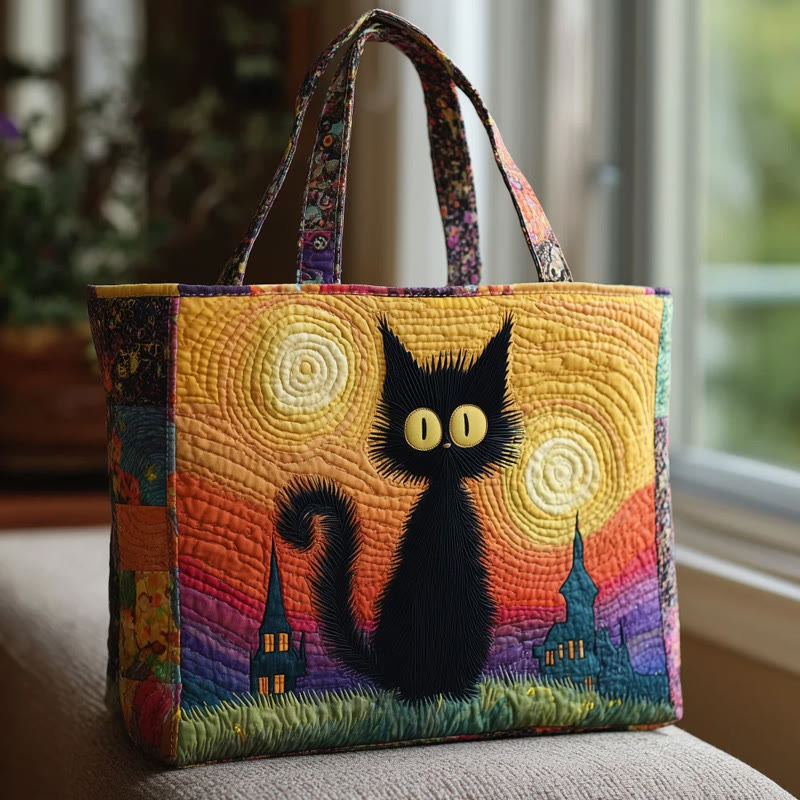 Sunset Art And Black Cat Pattern Print Quilted Tote Bag - Multicolor - one size - image 1