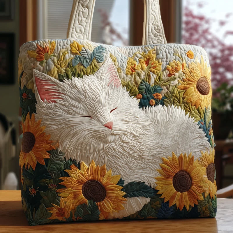 Sunflower And White Cat Pattern Print Quilted Tote Bag - Multicolor - one size - image 1