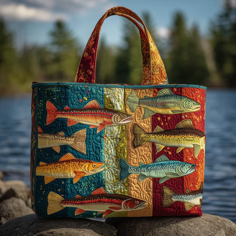 Hippie Colorful Go Fishing Pattern Print Quilted Tote Bag - Multicolor - one size - image 1