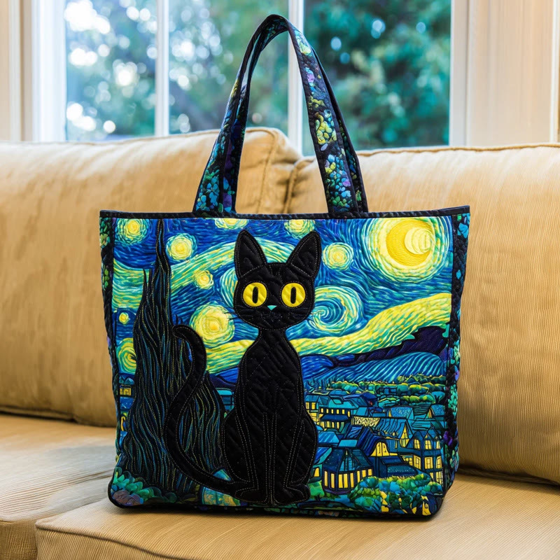 Black Cat In The Starry Sky Painting Pattern Print Quilted Tote Bag - Multicolor - one size - image 1