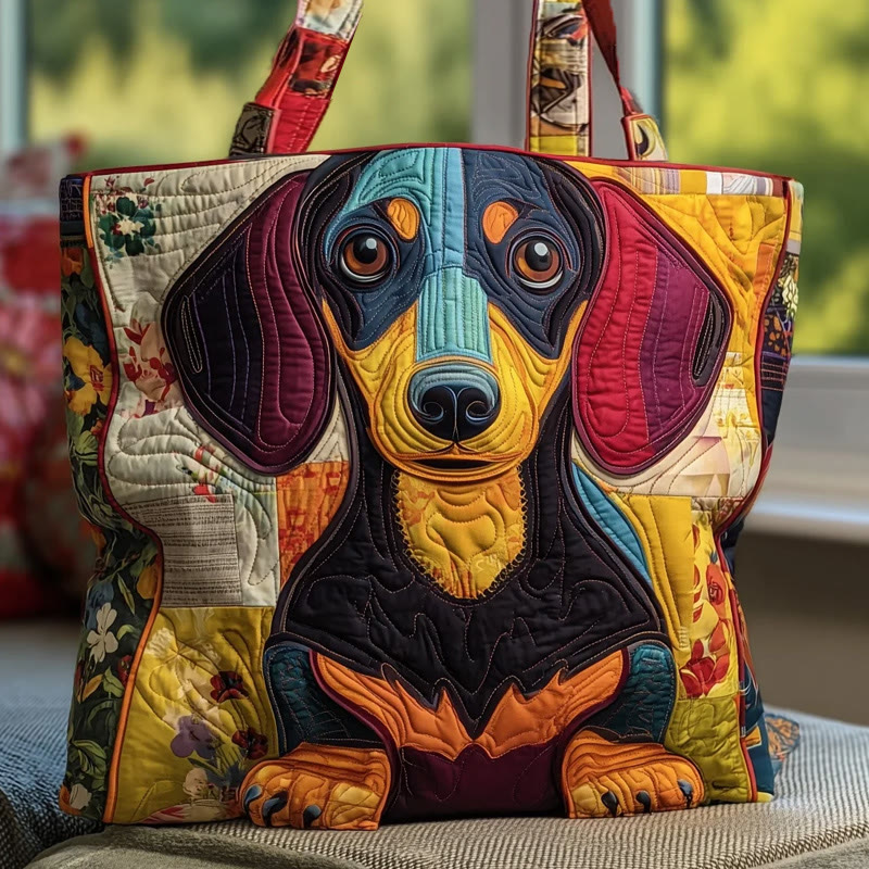Patchwork Dachshund Puppy Pattern Print Quilted Tote Bag - Multicolor - one size - image 1