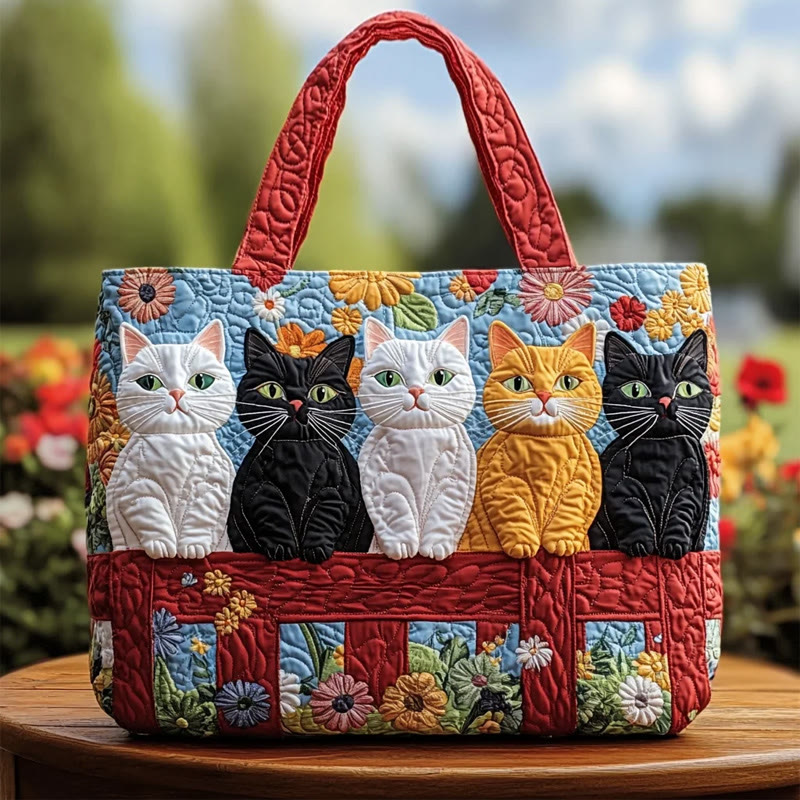 Pastoral Flowers And Kittens Pattern Print Quilted Tote Bag - Multicolor - one size - image 1