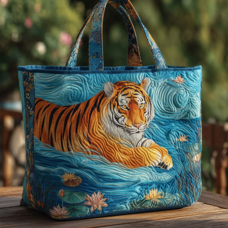 Tiger And Lotus Pattern Print Quilted Tote Bag - Multicolor - one size - image 1