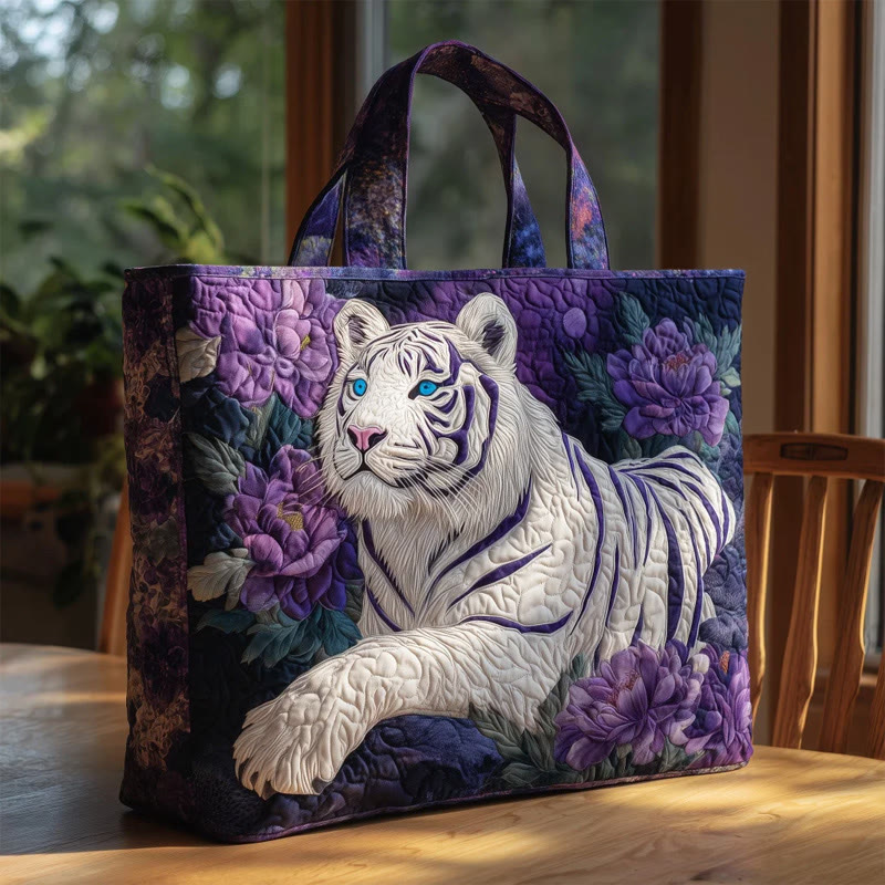 Flowers And White Tiger Pattern Print Quilted Tote Bag - Multicolor - one size - image 1