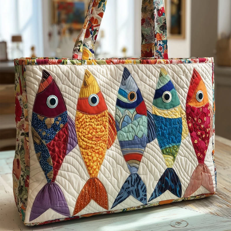 Hippie Colorful Fishes Pattern Print Quilted Tote Bag - Multicolor - one size - image 1