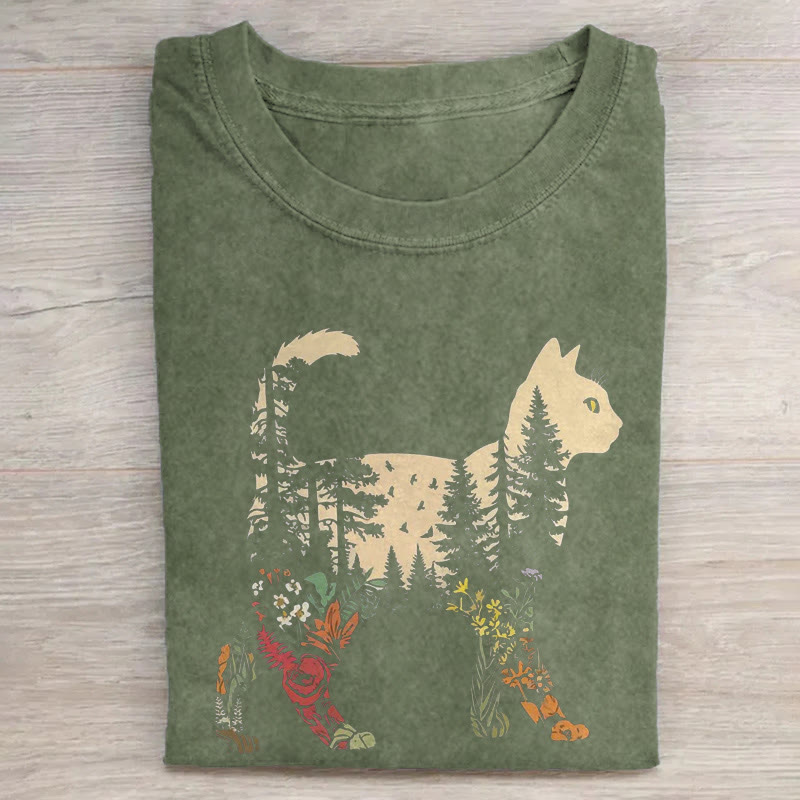 Unisex Forest Cat Silhouette Art Print Acid Washed T-shirt - Army Green - US20-22(3XL) - image 2