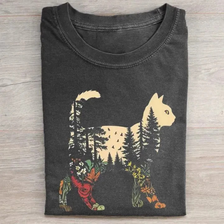 Unisex Forest Cat Silhouette Art Print Acid Washed T-shirt - Black - US20-22(3XL) - image 1