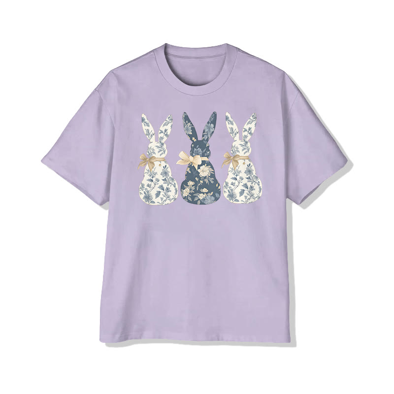 Cute Easter Flower Bunny Print Pattern Cotton Print T-shirt - Light Purple - US16-18(2XL) - image 1