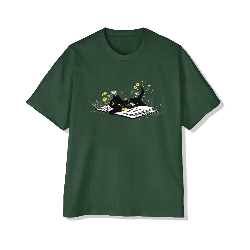 Black Cat Book And Wildflowers Print Pattern Cotton Print T-shirt - Green - US16-18(2XL) - image 1