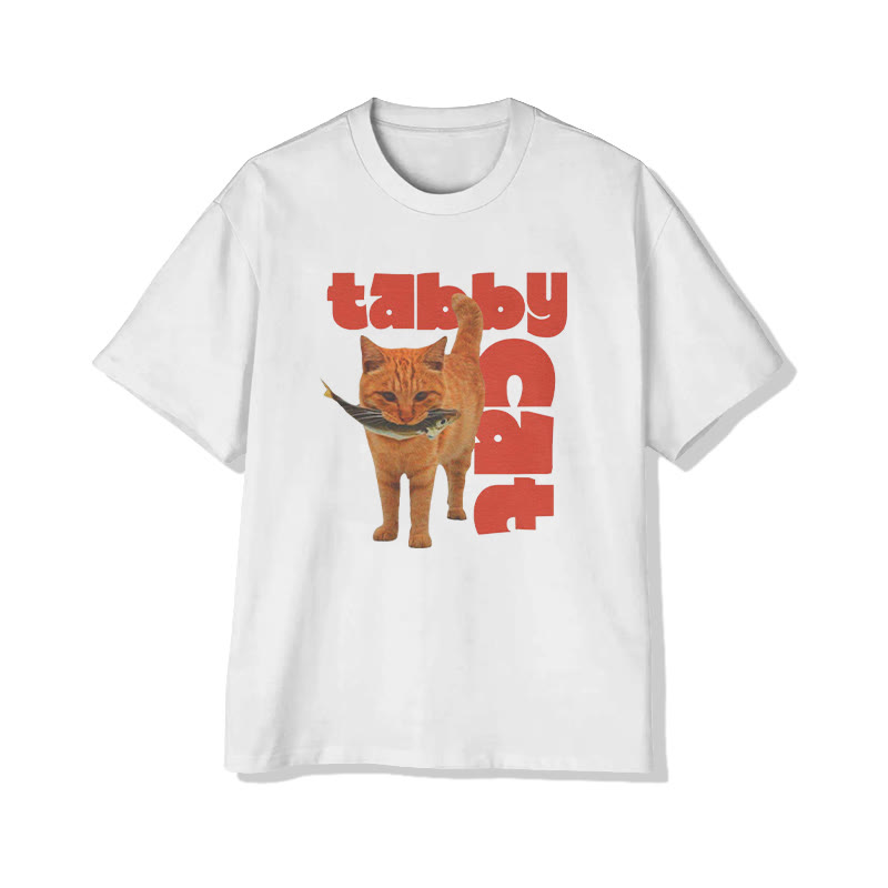 Funny Y2k Tabby Cat With Fish Print Pattern Cotton Print T-shirt - White - US16-18(2XL) - image 1